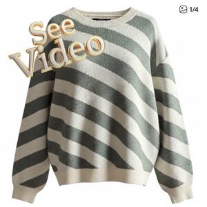 👛(ANY 2/$25)VERA MODA Curve Green/White Horiz Stripe Drop Sleeve Sweater. Video